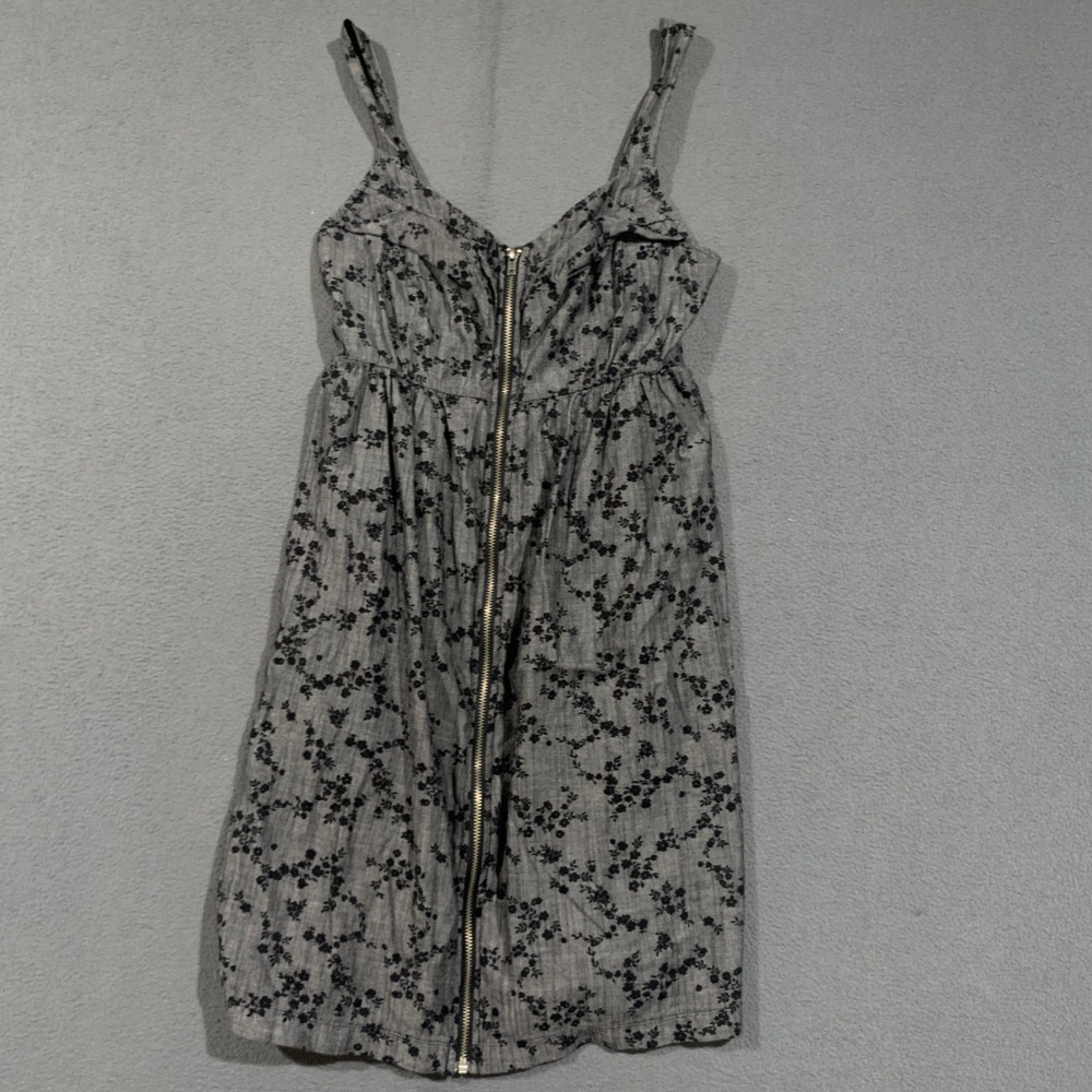 BeBop Floral Mini Dress Womens Medium Gray Black Zip Front Sleeveless Grunge